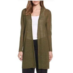 Eileen Fisher Italian Fabric Green Hemp Open Front Long Waisted Cardigan, Sz XS